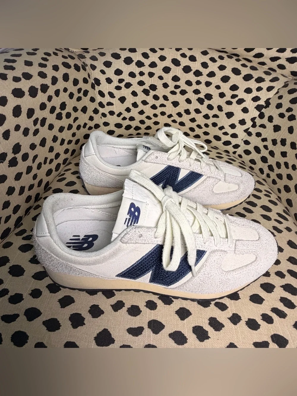 New Balance Women’s White Suede Sneakers with Navy 'N' Accent
